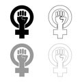 Symbol of feminism movement Gender women resist Fist hand in round and cross icon outline set black grey color vector