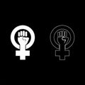 Symbol of feminism movement Gender women resist Fist hand in round and cross icon outline set white color vector illustration Royalty Free Stock Photo