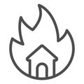 Symbol of fire and home line icon. House in fire outline style pictogram on white background. Property burning tragedy Royalty Free Stock Photo