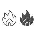 Symbol of fire and home line and solid icon. House in fire outline style pictogram on white background. Property burning Royalty Free Stock Photo