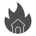 Symbol of fire and home solid icon. House in fire glyph style pictogram on white background. Property burning tragedy Royalty Free Stock Photo