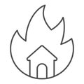 Symbol of fire and home thin line icon. House in fire outline style pictogram on white background. Property burning Royalty Free Stock Photo