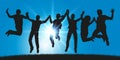 A group of young people jumps for joy holding hands