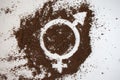 Symbol of gender equality made of ground coffee