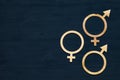 A symbol of gender equality made of plywood. Black wooden background. Male and female symbols Royalty Free Stock Photo