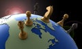 Symbol of geopolitics the world globe with chess pieces