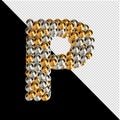 Symbol from gold and silver spheres on a transparent background. 3d capital letter P