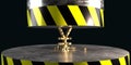 Symbol of the Golden yen with cracks under the hydraulic press. Fall or resistance of currencies. 3d rendering