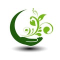 Symbol of green energy. Circular natural element. Hand and flower with leaf. Nature icon.