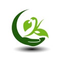 Symbol of green energy. Circular natural element. Hand and plant with leaf. Nature icon.