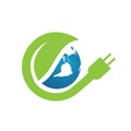 Green energy electric plugs globe and leaves logo vector icon design template Royalty Free Stock Photo