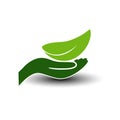Symbol of green energy. Natural element with leaf and hand. Nature icon.