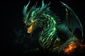 Symbol of 2024. Green neon dragon on a black background. Close-up.