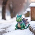 Symbol of 2024. Green toy dragon against a background of white snow outside in the park.