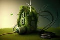 Symbol of green house made of leaves and a plug top view. Eco energy and energy saving concept. Royalty Free Stock Photo