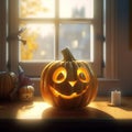 symbol of Halloween orange pumpkin Jack-o-lantern. Scary head of pumpkin in hell fire flames. Royalty Free Stock Photo