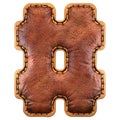 Symbol hash made of leather. 3D render font with skin texture on white background.