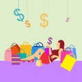 Women sitting down with dollar icon and shopping bags
