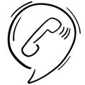 Symbol, incoming call notification, handset in the cloud of dialogue, vector isolated element in doodle style, black outline, Royalty Free Stock Photo