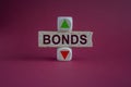 Symbol for increasing Bonds. A brick block with arrow symbolizing that BONDS price are going down or up. Beautiful red background
