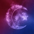 Symbol of Islam Red Blue. Star and crescent moon. Abstract night sky background