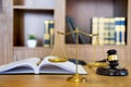 Symbol of Judge law attorney gavel with Justice lawyers table desktop, workplace with documents