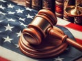 Symbol of Justice. A wooden gavel rests on the American flag representing law and order in the United States, highlighting the Royalty Free Stock Photo