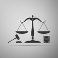 Symbol of law and justice. Concept law. Scales of justice, gavel and book icon isolated on grey. Legal law and auction
