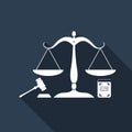 Symbol of law and justice. Concept law. Scales of justice, gavel and book icon isolated. Legal law and auction symbol
