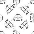 Symbol of law and justice. Concept law. Scales of justice, gavel and book icon seamless pattern on white background