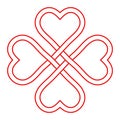 Symbol love and good luck, vector interlacing knot of hearts, four-leaf clover shape to attract good luck and love on St
