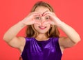 Symbol of love. Kid adorable girl with long hair smiling face show heart gesture to you. Celebrate valentines day. Love Royalty Free Stock Photo