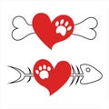 Symbol of love to pets. Bone with heart and paw for dog lover, and fishbone with cats footprint. Icon for veterinary and