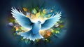 Symbol of love, white dove with outspread wings, encircled by vibrant leaves and flowers, glowing in light, on dark blue gradient