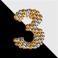 Symbol from gold and silver spheres on a transparent background. 3d number 3 Royalty Free Stock Photo