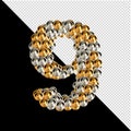 Symbol from gold and silver spheres on a transparent background. 3d number 9 Royalty Free Stock Photo