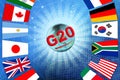 Symbol of meeting of club of governments, heads of central banks of advanced economies, G20 Summit on blue technological business Royalty Free Stock Photo