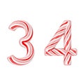 Symbol 3 and 4 Mint Candy Cane Alphabet Letters Numbers Collection Striped in Red Christmas Colour . 3d Rendering