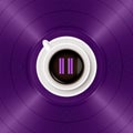 Symbol of musical pause and cup of coffee on bright purple vinyl record background. The concept of music and coffee