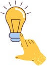 Symbol of new idea, creative project, brainstorming, search for solution. Hand poits to light bulb Royalty Free Stock Photo