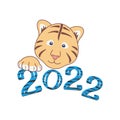 Symbol of the New Year 2022. Little tiger holds striped hand lettering Royalty Free Stock Photo