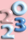 2023 symbol new year, numbers pink metallic on a blue background