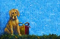 Symbol of new year 2018 yellow dog with gift box
