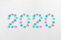 Symbol from number 2020 made of pastel colored decorative glass hearts Royalty Free Stock Photo