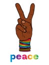 The symbol of pacifism and hippies is a hand with two fingers. Against racism, homophobia and war. Peace. Vector illustration.