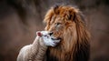 Symbol of peace lion and lamb coexisting harmoniously in a serene display of unity and tranquility Royalty Free Stock Photo