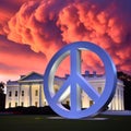 the symbol of peace made of clouds float in the sky over a white house Royalty Free Stock Photo