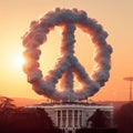 the symbol of peace made of clouds float in the sky over a white house Royalty Free Stock Photo