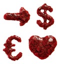 Symbol plastic set arrow, dollar, euro, heart made of 3d render plastic shards red color.