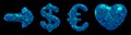 Symbol plastic set arrow, dollar, euro, heart made of 3d render plastic shards blue color. Royalty Free Stock Photo